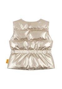 Chaleco acolchado metálico dorado con cuello redondo, cintura elástica y diseño acolchado horizontal. Pequeña etiqueta con el logo en el costado.