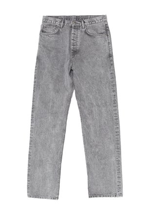 Grau Denim-Jeans mit geradem Bein. Fünf Taschen, Reißverschluss vorne und Knopfverschluss. Leicht ausgefranster Look.