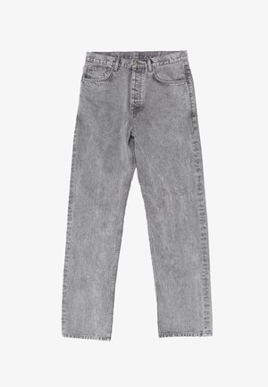 Grau Denim-Jeans mit geradem Bein. Fünf Taschen, Reißverschluss vorne und Knopfverschluss. Leicht ausgefranster Look.