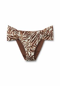 Bikiniunderdel med zebra-print i brunt och krämfärgat, med samlade detaljer på sidorna och enfärgade bruna paneler. Slät tyg, låg midja.