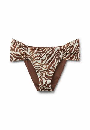 Bikiniunderdel med zebra-print i brunt och krämfärgat, med samlade detaljer på sidorna och enfärgade bruna paneler. Slät tyg, låg midja.