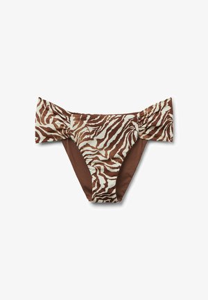 Bikini-Hose mit braunem und cremefarbenem Zebra-Print, mit gerafften Seitendetails und festen braunen Einsätzen. Glattes Material, tief geschnittenes Design.