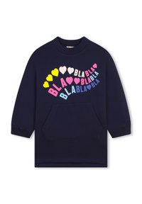Mörkblå sweatshirt med långa ärmar och en stor framficka. Har lekfull text och hjärtgrafik i rosa, gult och blått.