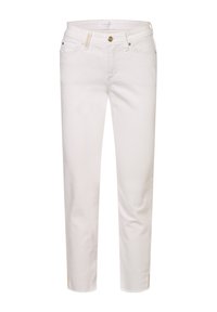 Vita denimjeans med rak passform, med dragkedja fram, knappstängning och subtila sydda mönster på fickorna.