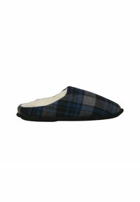 Mocassin à carreaux gris et bleu avec un intérieur doux blanc, bout arrondi et semelle noire. Présente un design slip-on bas pour un enfilage facile.