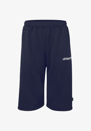Shorts de sport bleu marine avec taille élastique, poches latérales zippées et logo blanc "uhlsport" sur la cuisse droite.