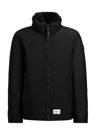 Czarna kurtka z zapięciem na zamek, wysokim kołnierzem i miękką, pluszową podszewką. Posiada boczne kieszenie oraz naszywkę z logo na dole. Wykonana z miękkiej, teksturowanej tkaniny.