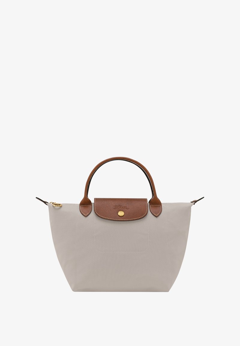 Grey nylon tote bag with a brown leather flap and handle, gold hardware, and a spacious, structured design. Reinforced stitching accents.