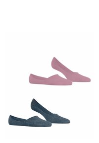 Różowe i ciemnoniebieskie płaskie buty o gładkiej teksturze, w wydaniu ze spiczastym noskiem i w stylu wsuwanym, charakteryzujące się prostą, minimalistyczną estetyką.