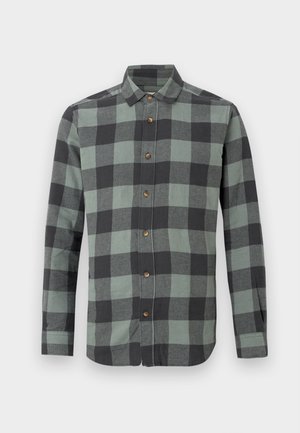 Checkered button-up shirt featuring large dark green and black squares, long sleeves, a standard collar, and wooden buttons.