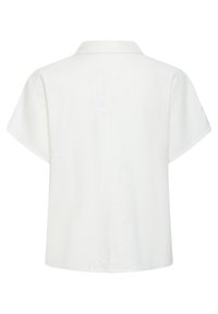 Chemise blanche à manches courtes avec col, coupe ample et ourlet droit, vue de dos sur un fond blanc uni.
