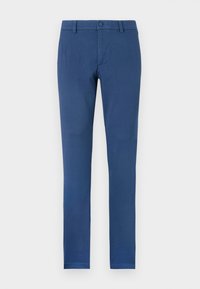 Pantalons en coton bleu, coupe slim, avec un devant plat, des passants de ceinture et une fermeture à un bouton à la taille. Design épuré sans motifs visibles.