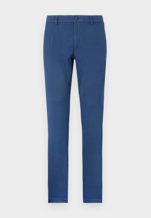 Pantalones de algodón azul slim-fit que presentan un frente plano, trabillas para cinturón y un cierre de botón en la cintura. Diseño limpio sin patrones visibles.