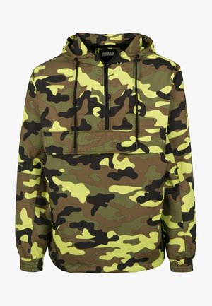 Camo pullover jacket in green, yellow, and brown with an adjustable hood, zippered front, and front pouch pocket. Featherlight, smooth texture.