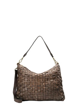 Borsa a tracolla intrecciata in pelle marrone con manico corto e tracolla lunga staccabile, dotata di accessori in metallo dorato e chiusura a zip.