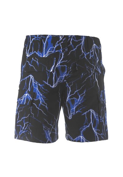 Black cargo shorts with a lightning bolt pattern in blue and white. Features two back pockets, a relaxed fit, and sturdy fabric.