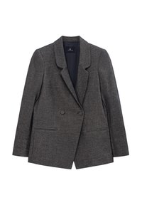 Blazer gris oscuro de doble botonadura con solapas de muesca y dos bolsillos frontales de ojal, dispuesto sobre un fondo blanco.