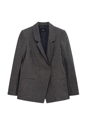 Blazer doppiopetto grigio scuro con rever a fontana e due tasche a filetto anteriori, posato su uno sfondo bianco.