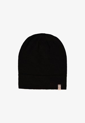 Berretto di maglia nero con risvolto. Realizzato in materiale morbido, presenta un piccolo etichetta con il marchio sul lato. Design semplice e senza cuciture.
