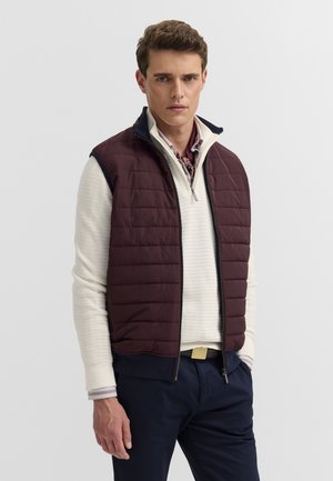 Mann trägt eine burgunderrote gesteppte Weste über einem cremefarbenen Strickpullover, marineblaue Hose und ein gemustertes Halstuch, steht vor einem einfarbigen Hintergrund.