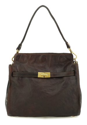 Borsa a mano in pelle marrone scuro con tracolla singola, fibbia dorata incisa con "Campomaggi" e accessori in metallo dorato alle estremità della tracolla.