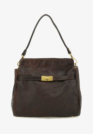 Borsa a mano in pelle marrone scuro con tracolla singola, fibbia dorata incisa con "Campomaggi" e accessori in metallo dorato alle estremità della tracolla.