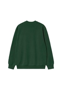Sudadera verde con cuello redondo, mangas largas, puños y dobladillo acanalados. Textura suave con un ajuste relajado y un diseño minimalista.