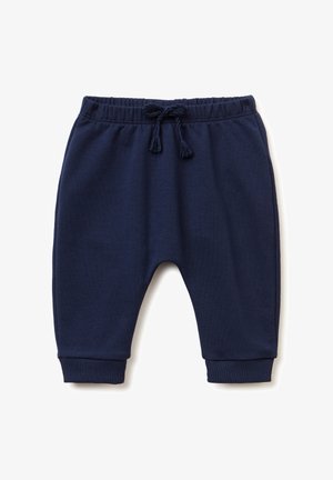 Marineblaue Jogginghosen mit elastischem Bund, Kordelzug und gerippten Bündchen. Weicher Stoff mit glatter Textur und ohne sichtbare Muster.