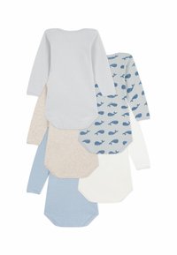Set med fem långärmade bodysuits i olika mönster: ljusblå ränder, valmönster, beige och vit. Mjuk bomullstyg, rundade fållar.