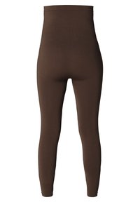 Hoge taille, full-length bruine leggings van rekbaar materiaal, ontworpen om strak te passen van taille tot enkels.