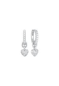 Gli orecchini a cerchio in argento presentano un pendente a forma di cuore decorato con piccoli cristalli trasparenti, offrendo una finitura scintillante e testurizzata.