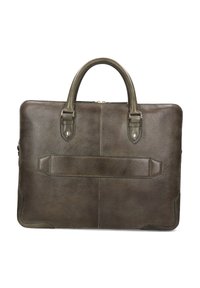 Brown leather briefcase with a pebbled texture, dual handles, a zipper closure, and a rear strap. Features minimalistic design and sturdy accents.
