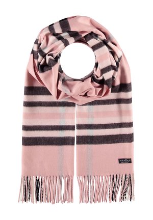Pink wool scarf with black and gray stripes, featuring fringed ends and a logo tag. Soft texture, designed in a circular arrangement.