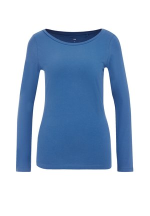 Maglietta a maniche lunghe blu in tessuto morbido, con scollatura rotonda e design aderente, priva di motivi o dettagli visibili.