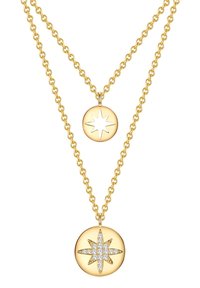 Guldfarvet lagd necklace med to vedhæng: det ene med et udskåret stjernedesign og det andet prydet med rhinsten i form af en stjerne.
