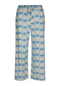 Lichtblauwe broek met een bloemenpatroon met gele bloemen en groene bladeren. Elastische taille met een trekkoord, wijd uitlopende pijpen.