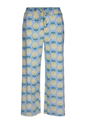 Pantaloni azzurri chiari con un motivo floreale che presenta fiori gialli e foglie verdi. Vita elasticizzata con laccetto, design a gamba larga.