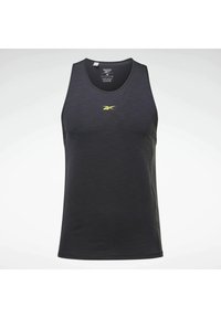 Débardeur de sport noir Reebok sans manches avec un petit logo jaune centré sur la poitrine, présenté sur un fond blanc uni.