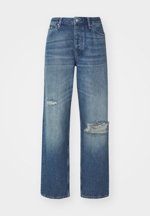 Lyseblå denimjeans med høy midje, rett benlinje, subtil falming, og to slitte lapper foran over knærne.