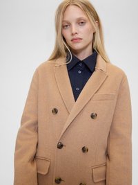 Manteau croisé en mélange de laine de chameau avec grands boutons marron, revers crantés et poches latérales, superposé sur une chemise sombre à boutons.