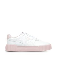 Witte leren sneaker met een afgerond ontwerp, roze rubberen zool en subtiele branding aan de zijkant. Beschikt over een vetersluiting en gestikte details.