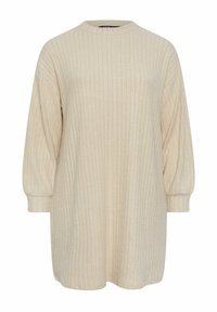 Abito ribbed beige con scollatura rotonda alta e maniche lunghe a sbuffo. Tessuto morbido, taglio al ginocchio e delicati dettagli a righe verticali.