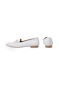 White leather loafers with a flat heel, featuring a gold-tone buckle detail on the front and a smooth texture. Side and back views shown.