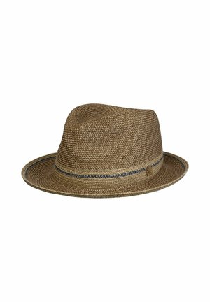 Brown woven fedora hat with a black and blue band around the base of the crown on a white background.