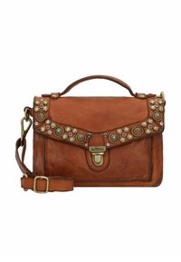 Borsa a mano in pelle marrone con un design strutturato, caratterizzata da hardware decorativo con gemme e una chiusura a contrasto. Include una tracolla removibile.