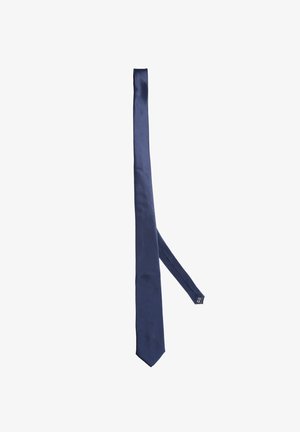 Cravatta di seta blu navy con una texture liscia, forma allungata, punta affusolata e una cucitura ben rifinita. Senza motivi o decorazioni.
