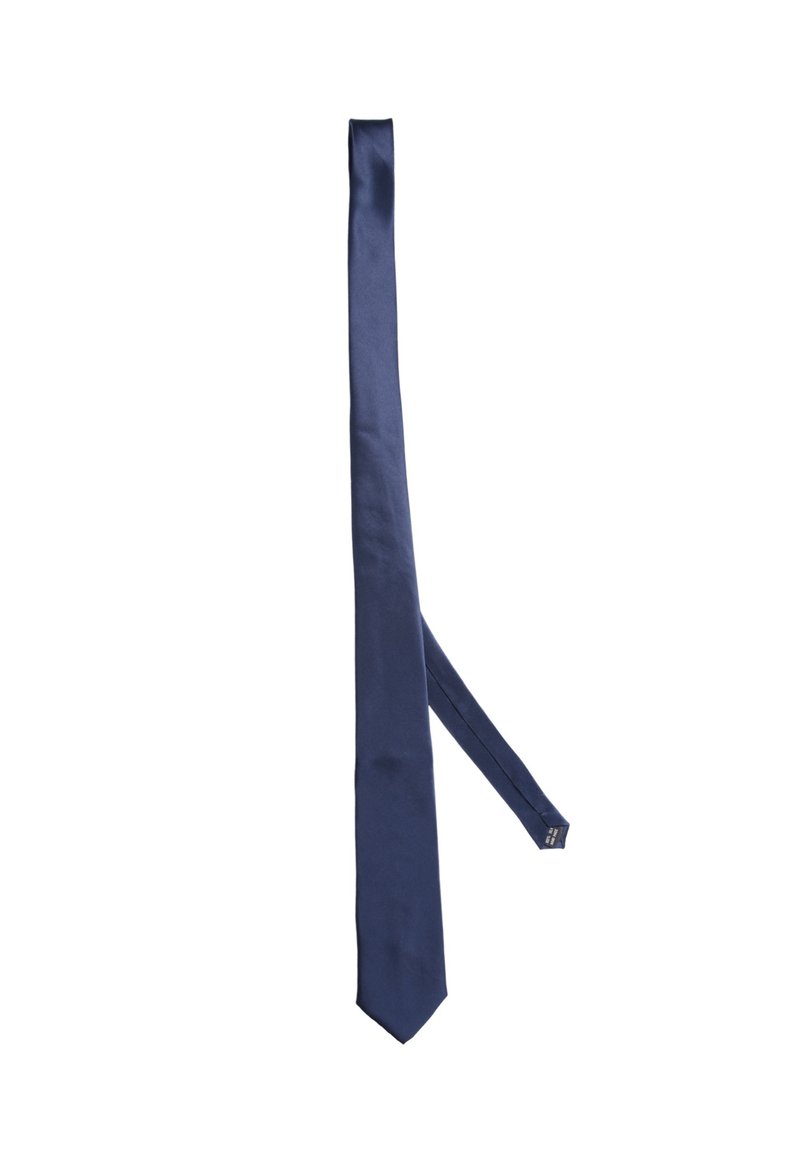 Cravatta di seta blu navy con una texture liscia, forma allungata, punta affusolata e una cucitura ben rifinita. Senza motivi o decorazioni.