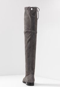 Botín gris de ante por encima de la rodilla con una textura suave, cuenta con un cierre atado en la parte superior y un tacón bajo negro. Tiene una forma ajustada.