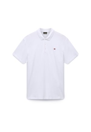 White polo shirt made of cotton. Features a classic collar, three-button placket, and a small red flag logo on the left chest.