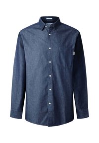 Dunkelblaue Denim-Hemd mit langen Ärmeln, Button-Down-Kragen, Brusttasche und weißen Knöpfen. Hat eine subtile Struktur und eine taillierte Passform.